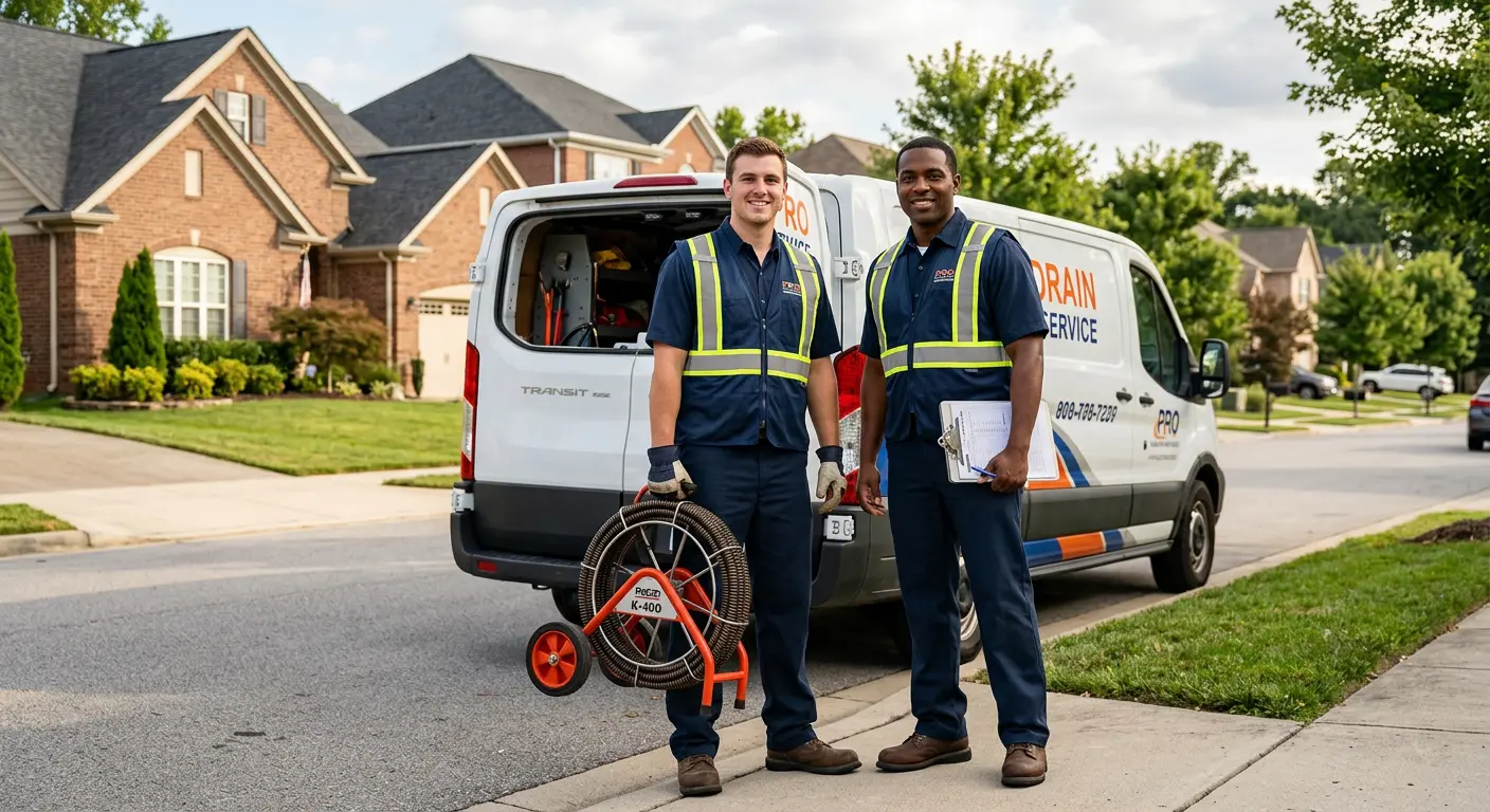 Sewer and drain service team with equipment ready for work in Iowa Park