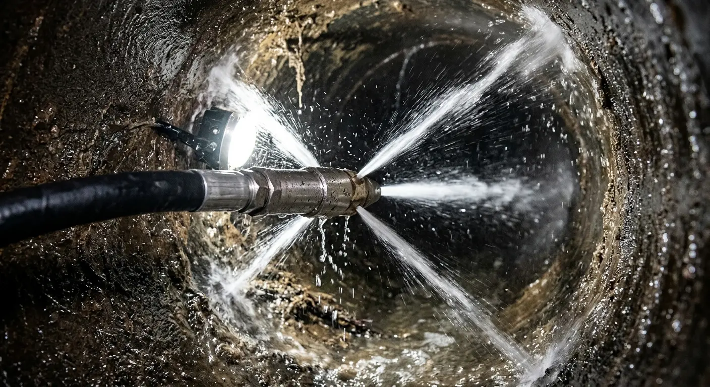 High-pressure hydro jetting nozzle cleaning sewer pipe for Sewer Cleanout in Iowa Park