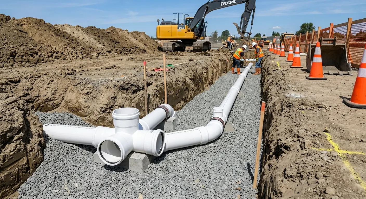 New PVC sewer pipe installation in open trench for Sewer Backup in Iowa Park