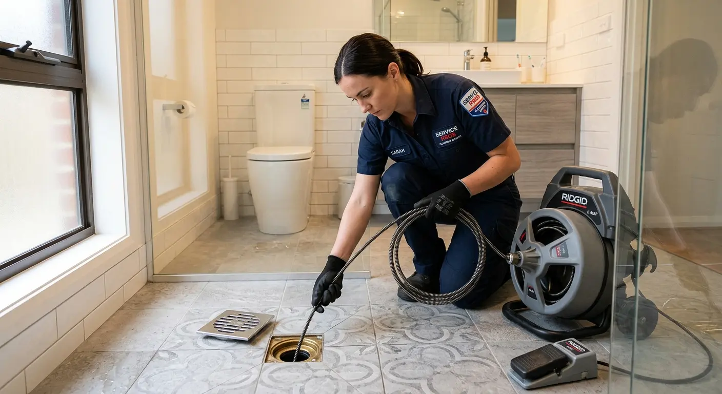 Technician clearing a bathroom floor drain for Hydro Jetting in Iowa Park
